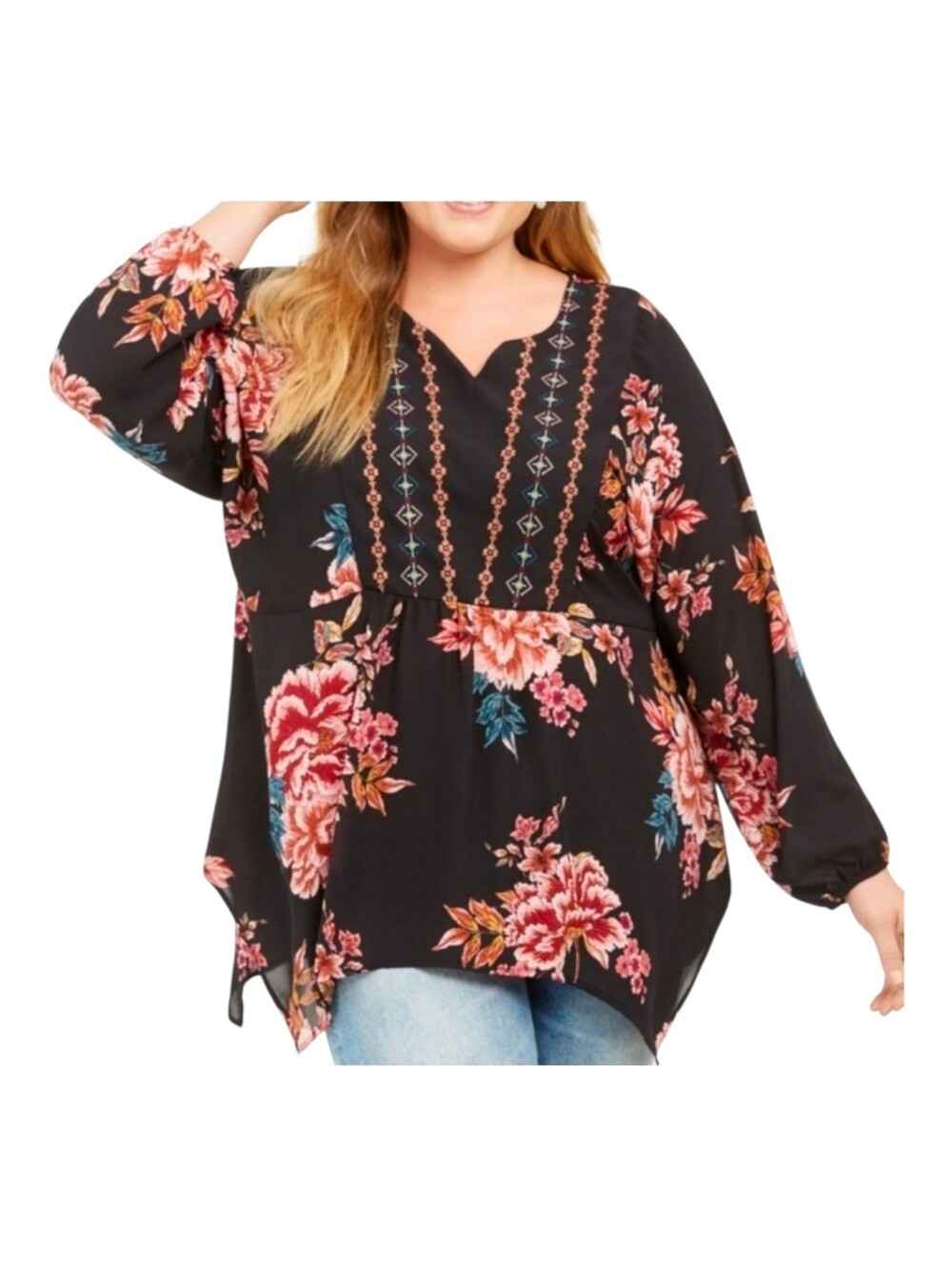 Style & Co. Women's Black Pink Floral Split Neck Flowy Blouse Medium